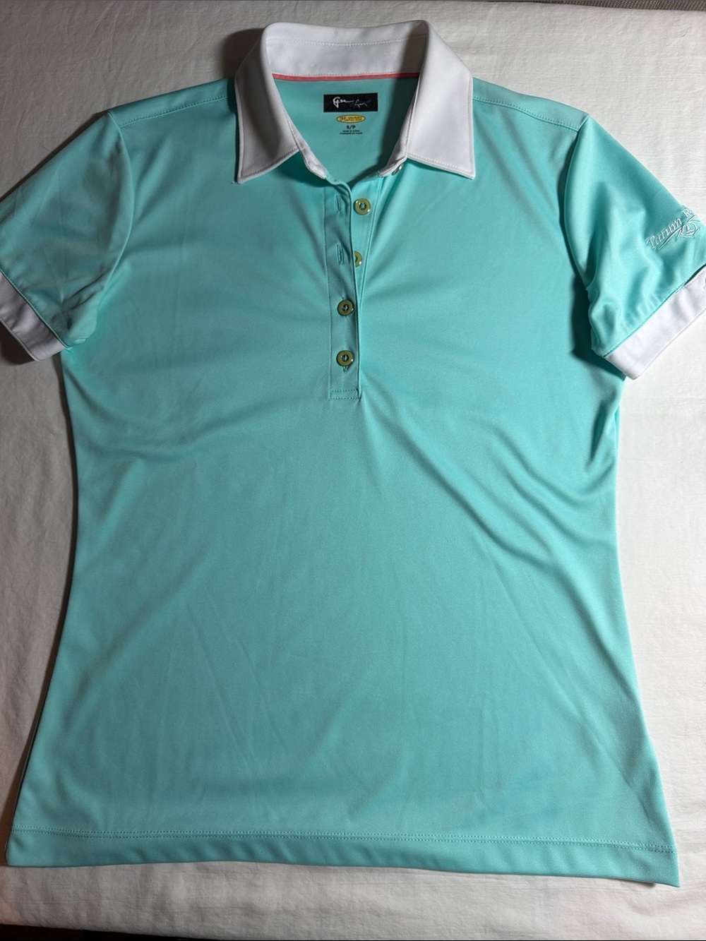 Greg Norman Women's Aqua Short-Sleeve Polo with White Collar